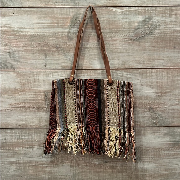 NWT RAJ leather tote with colorful fringe and stripes - Picture 1 of 5